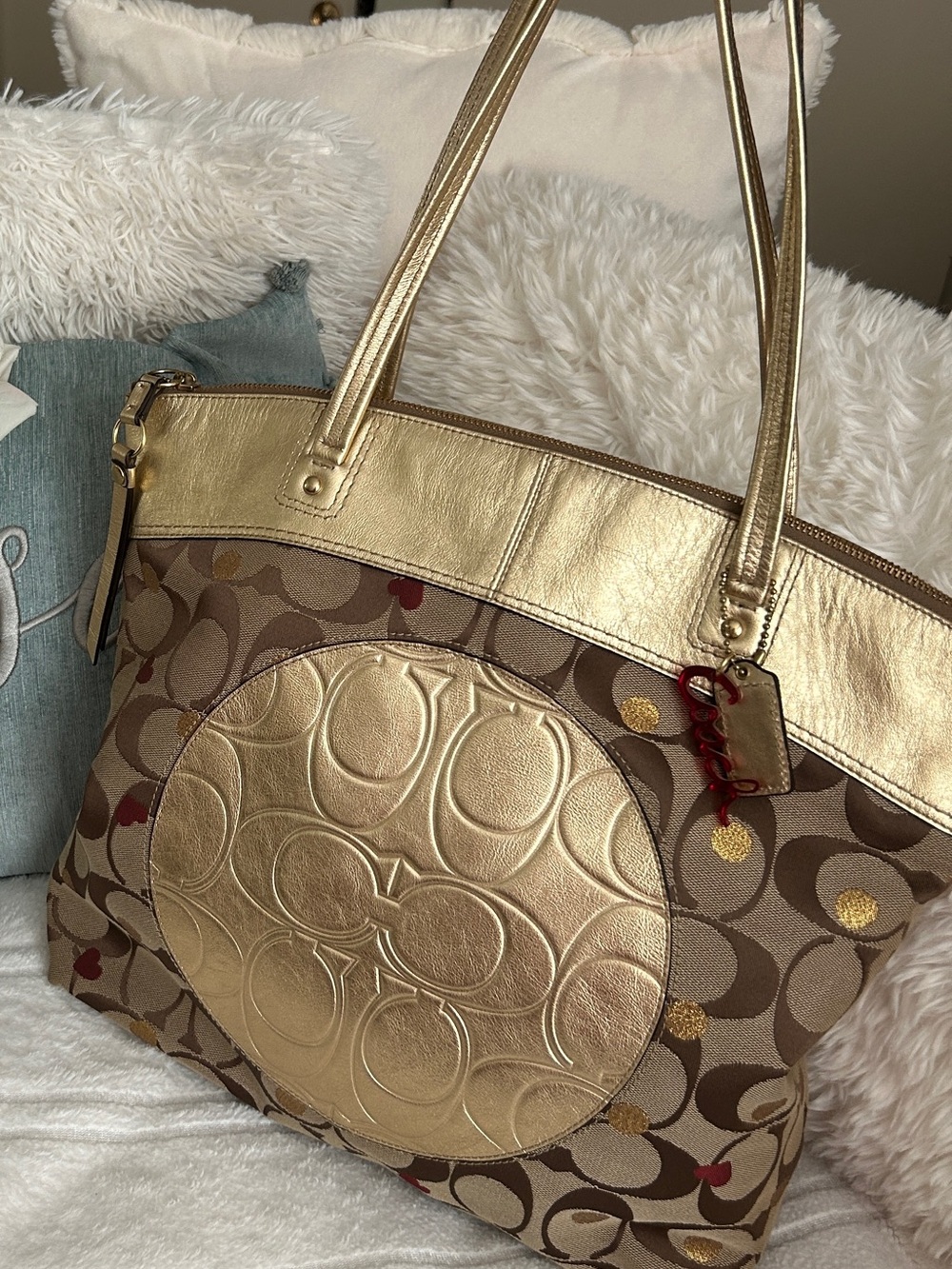 Coach Laura Gold and Brown Signature Tote with Metallic Accents